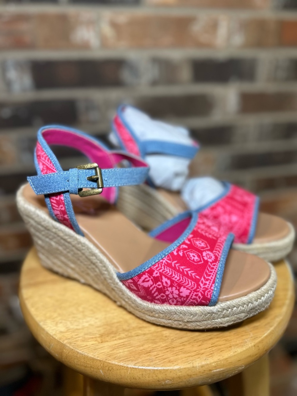 The Pioneer Woman Pink Patterned Wedge Sandals with Denim Trim
